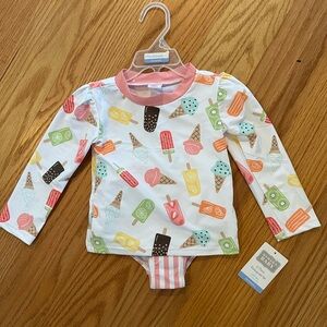 Kids Long Sleeve Swim Top and Bottom Set - Ice Cream Print Pink Trim